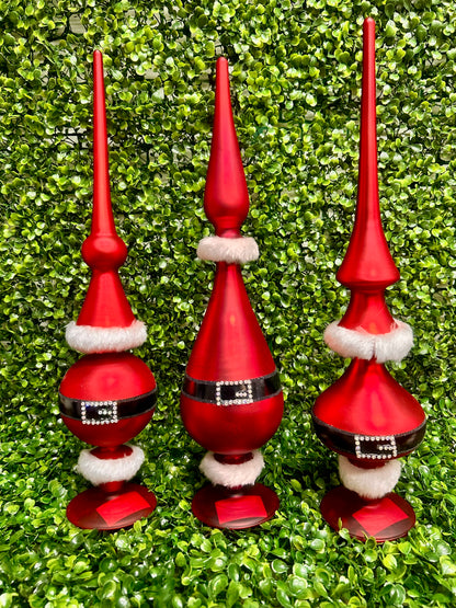 Set Of Three Red Glass Santa Belt Tabletop Finials With Fur