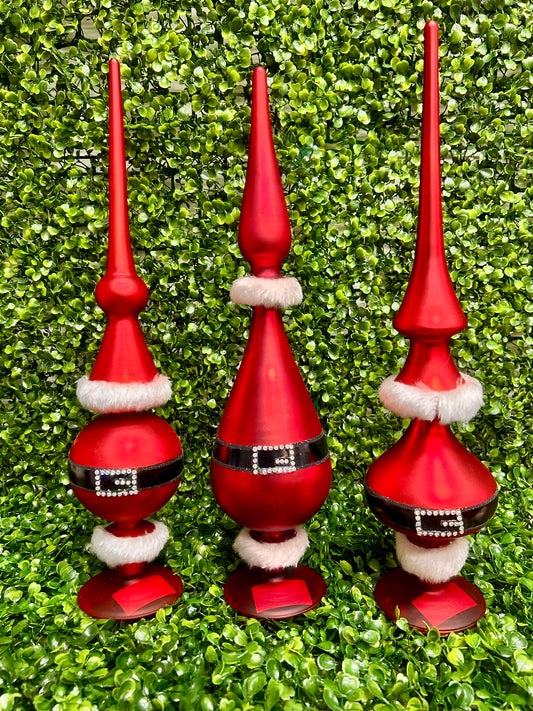 Set Of Three Red Glass Santa Belt Tabletop Finials With Fur