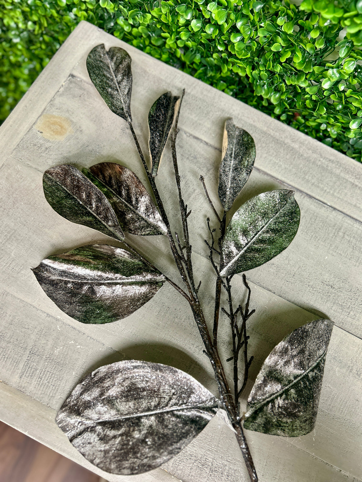 32 Inch Coffee And Silver Metallic Magnolia Leaf Spray