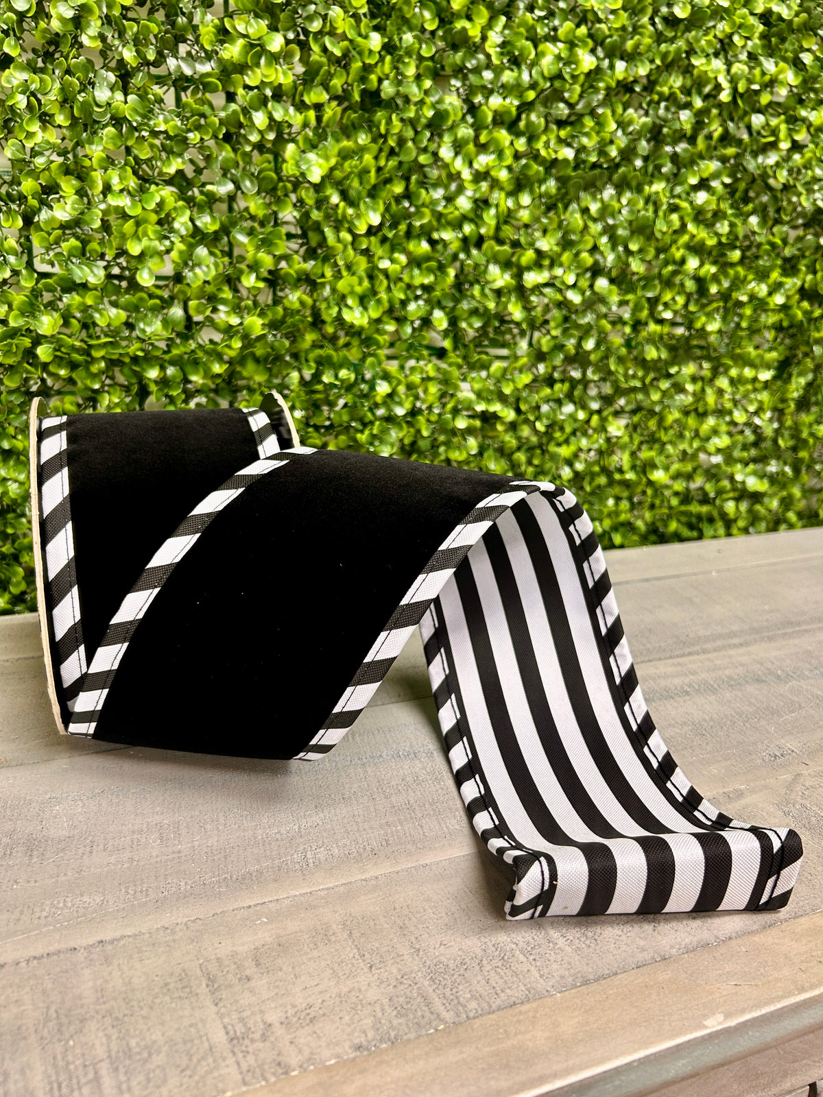 4 Inch By 5 Yard Black Velvet With White Black Cabana Stripe Ribbon