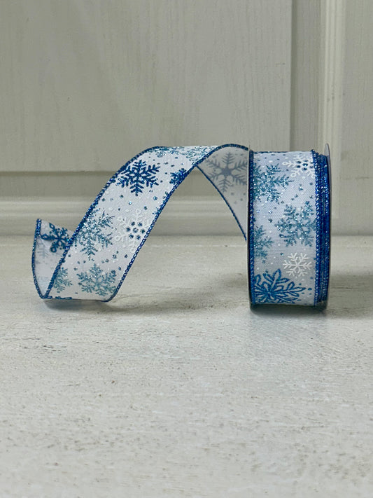 1.5 Inch By 10 Yards White Linen With Blue Glitter And White Matte Snowflakes Ribbon