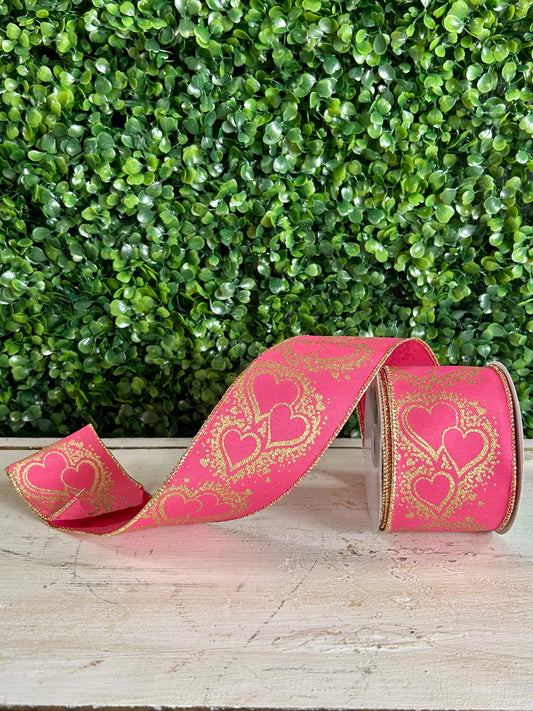 2.5 Inch By 10 Yard Hot Pink And Gold Hearts Ribbon