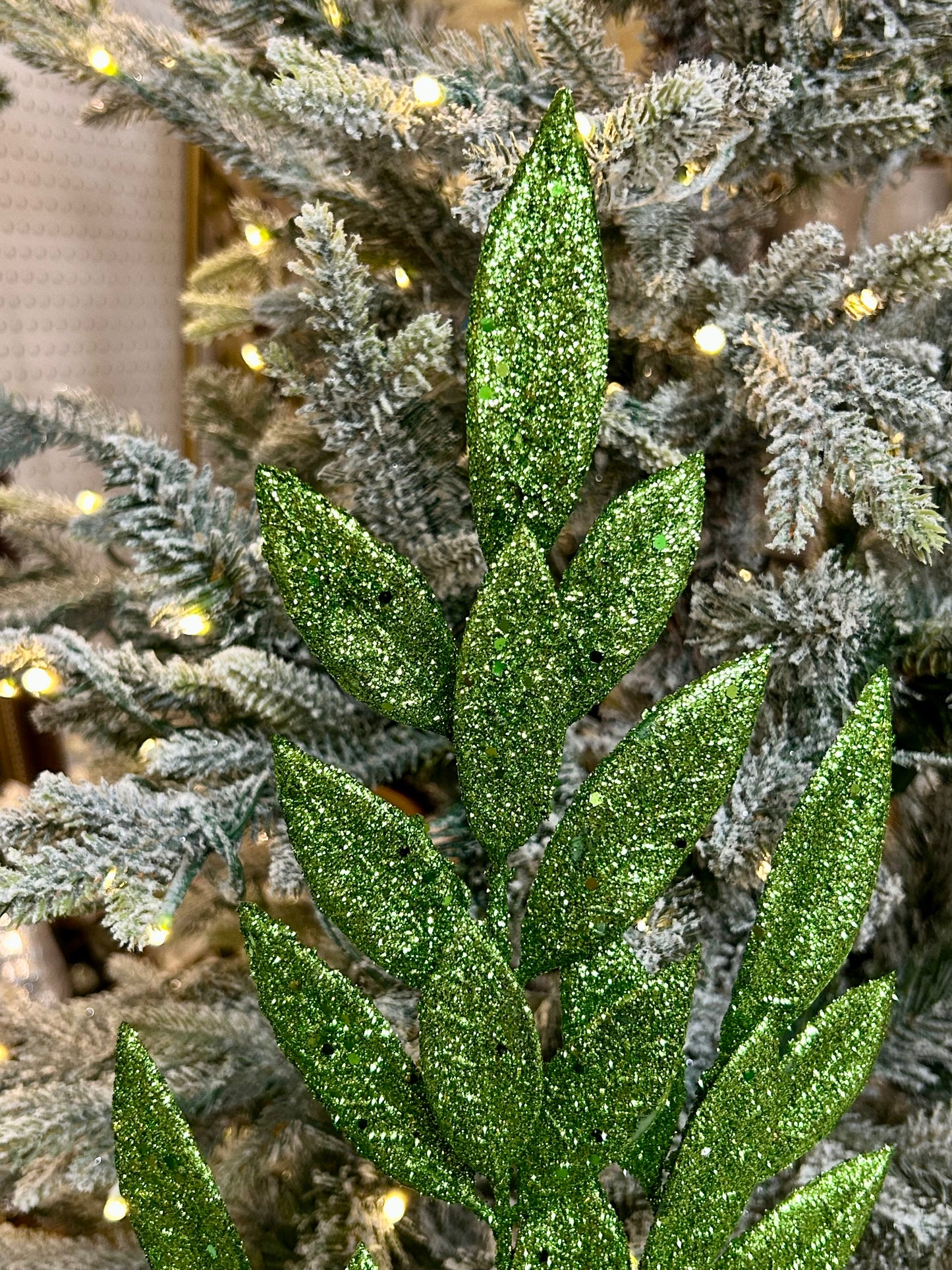 29 Inch Apple Green Glitter Bay Leaf Spray
