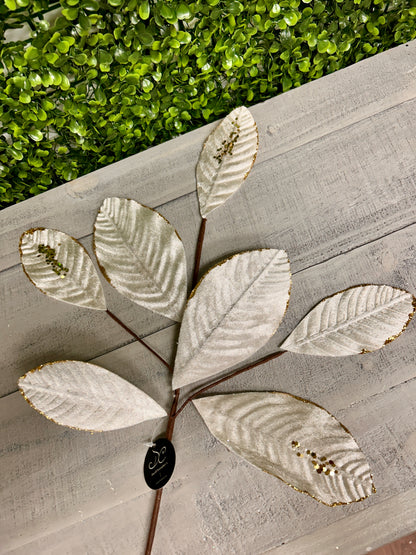 26 Inch Cream And Gold Velvet Sequin Magnolia Leaf Spray
