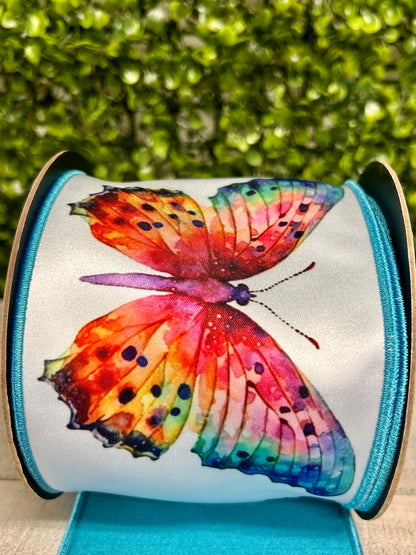 D. Stevens 4 Inch By 10 Yard Aqua Orange And Lavender Colorful Watercolor Butterfly Satin Ribbon