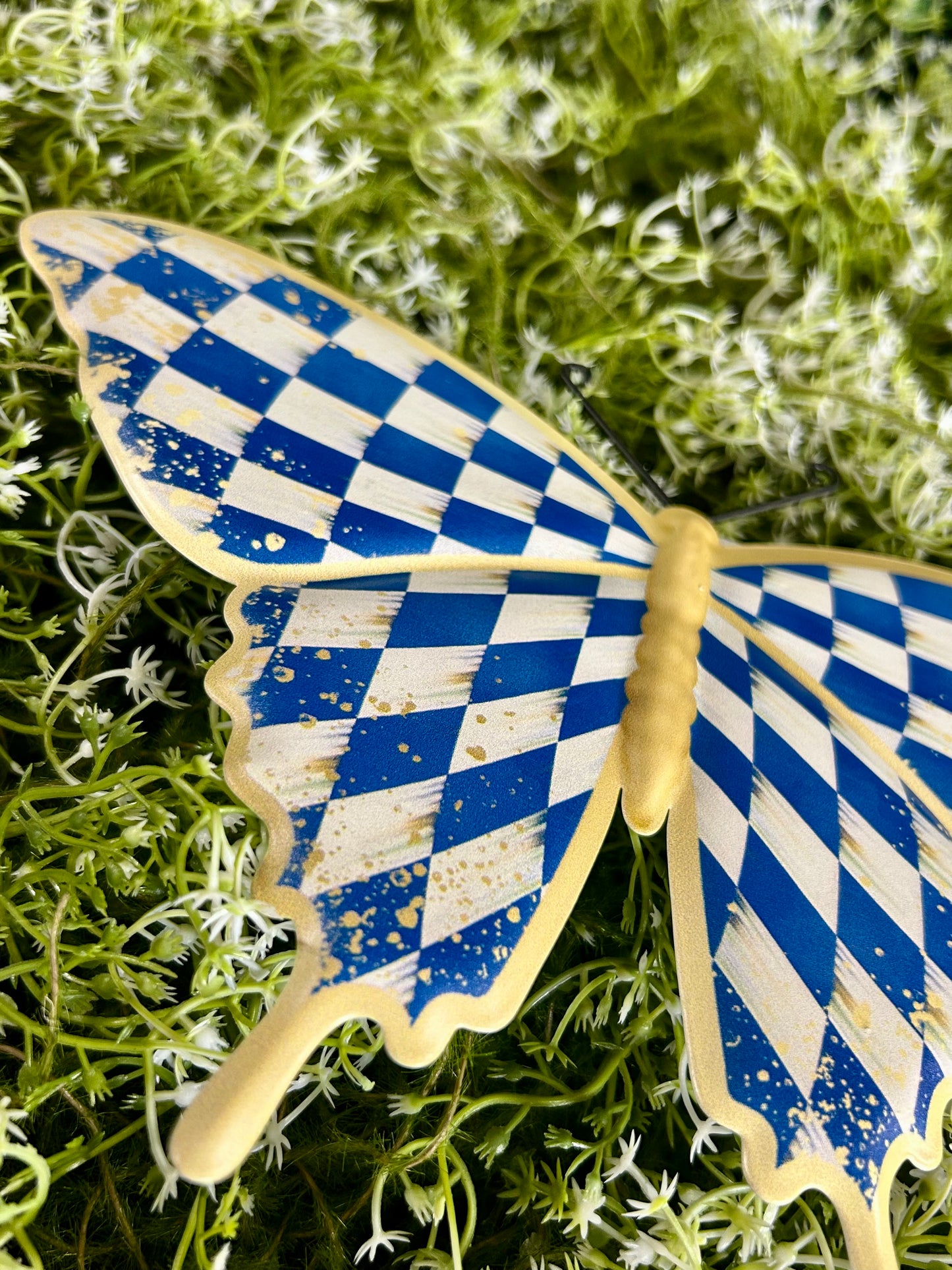9.75 Inch Blue White And Gold Antique Check Butterfly Sign