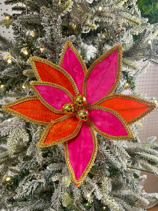 14 Inch Hot Pink Orange And Gold Velvet Poinsettia Pick With Lace Edge