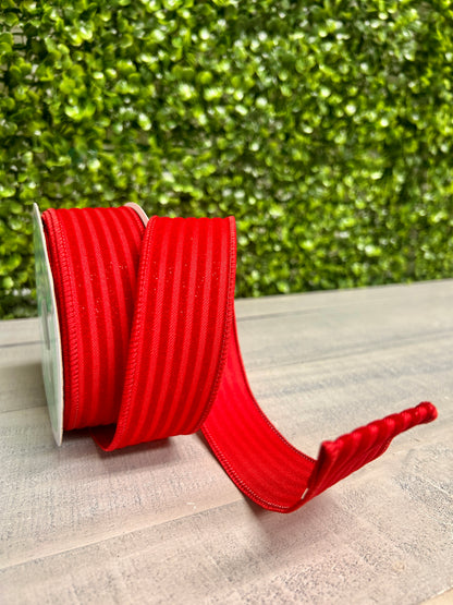1.5 Inch By 10 Yard Red Glittered Velvet Vertical Lines Ribbon