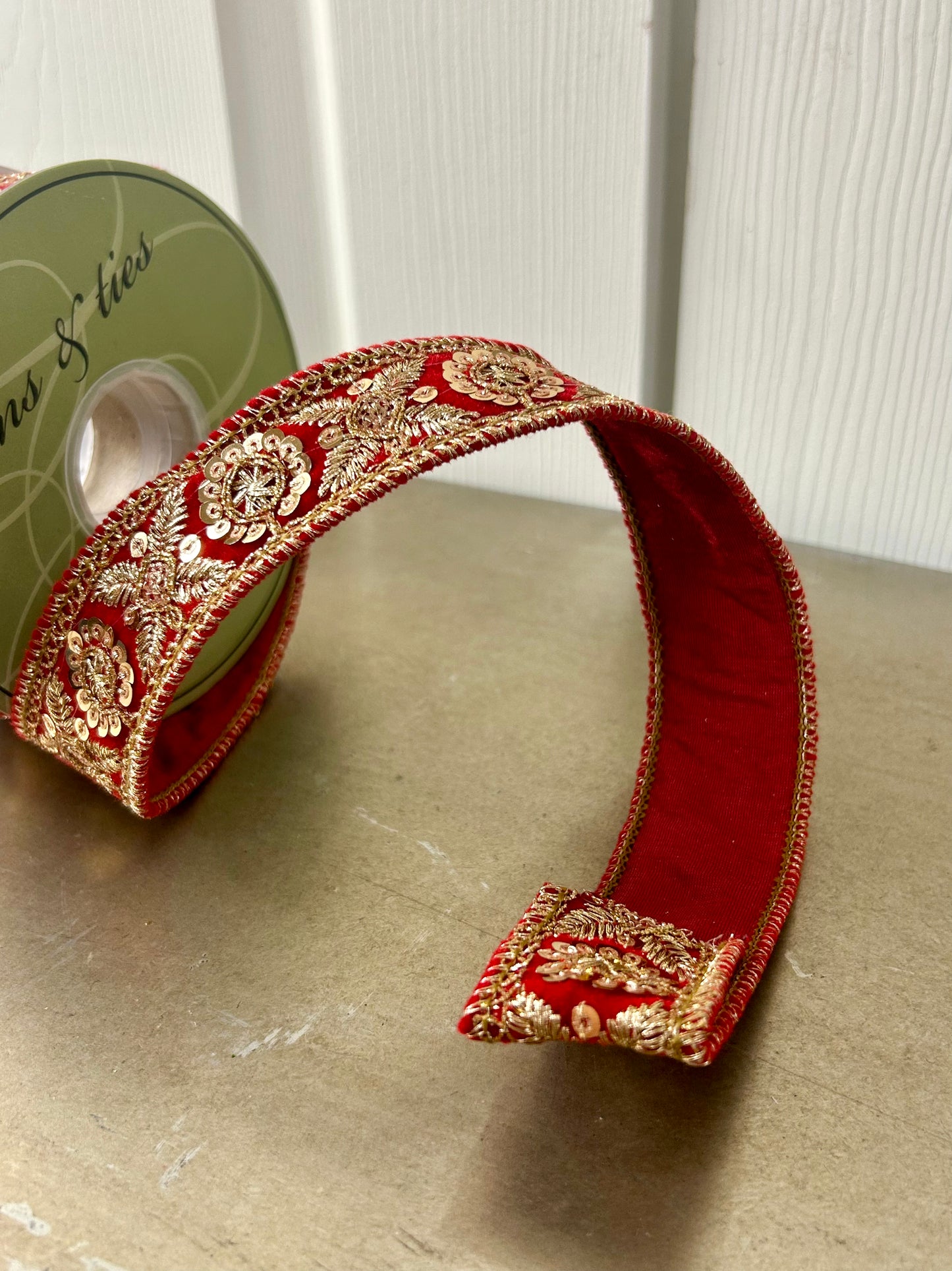 1.5 Inch By 5 Yard Red  And Gold Jewel Trim Velvet Ribbon