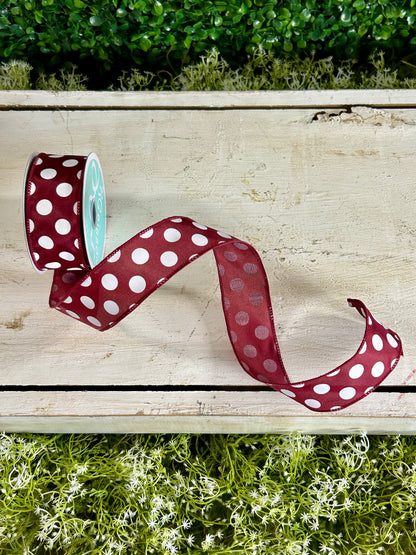 1.5 Inch By 10 Yards Maroon And White Polka Dots Ribbon