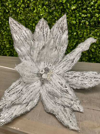 22 Inch White And Silver Poinsettia
