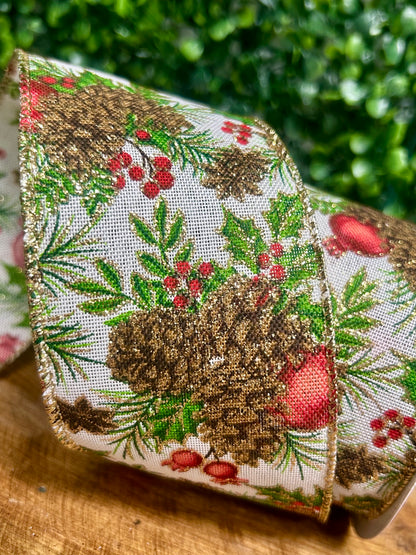 2.5 Inch By 10 Yard Pinecone Berry And Mistletoe Ribbon