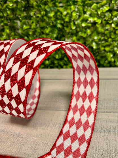1.5 Inch By 10 Yard Red And White Glitter Harlequin Ribbon