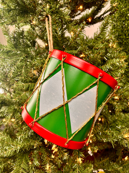 8 Inch Red Green And White Drum Ornament