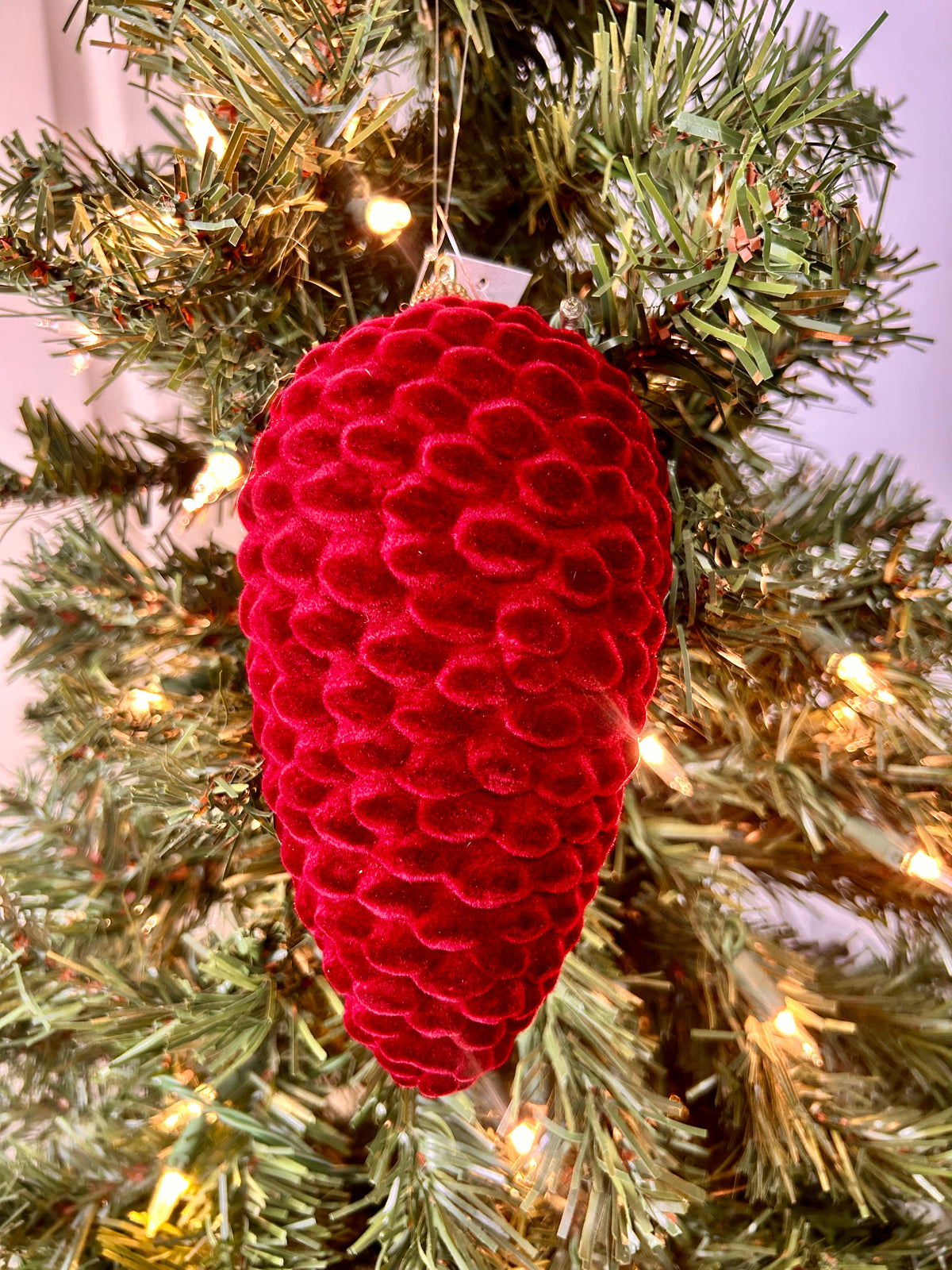 7 Inch Burgundy Velvet Flocked Pinecone Ornament