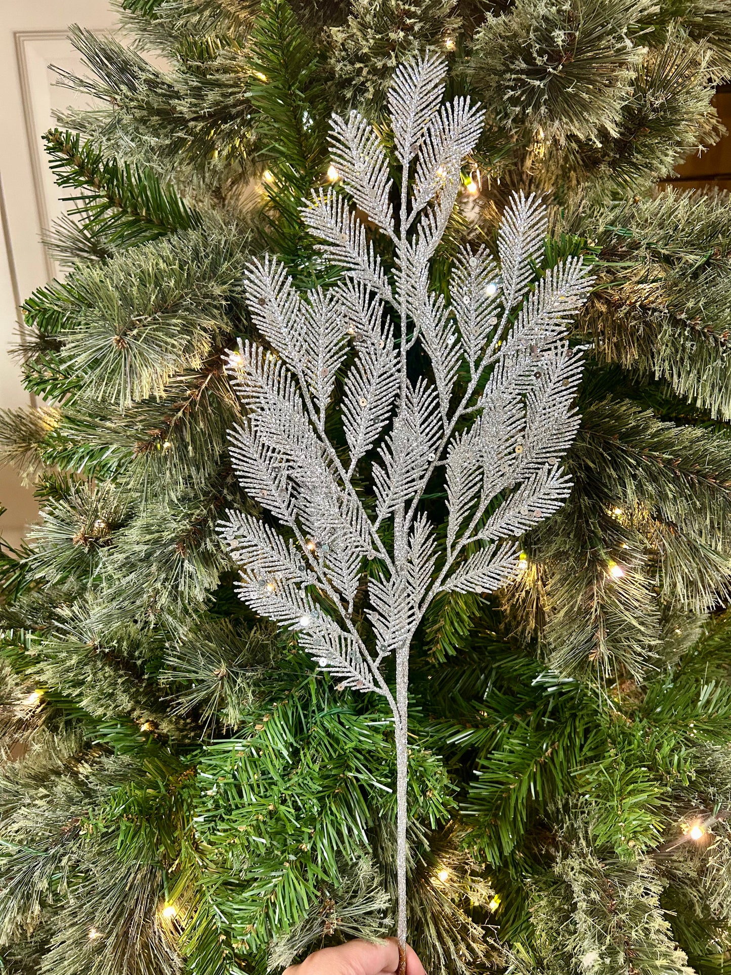 24 Inch Silver Glitter Sequin Fern Spray