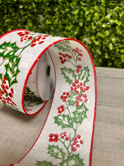 2.5 Inch By 10 Yard Holly Berries In Snow Ribbon