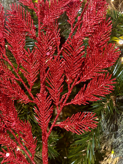 24 Inch Red Glitter Sequin Fern Spray