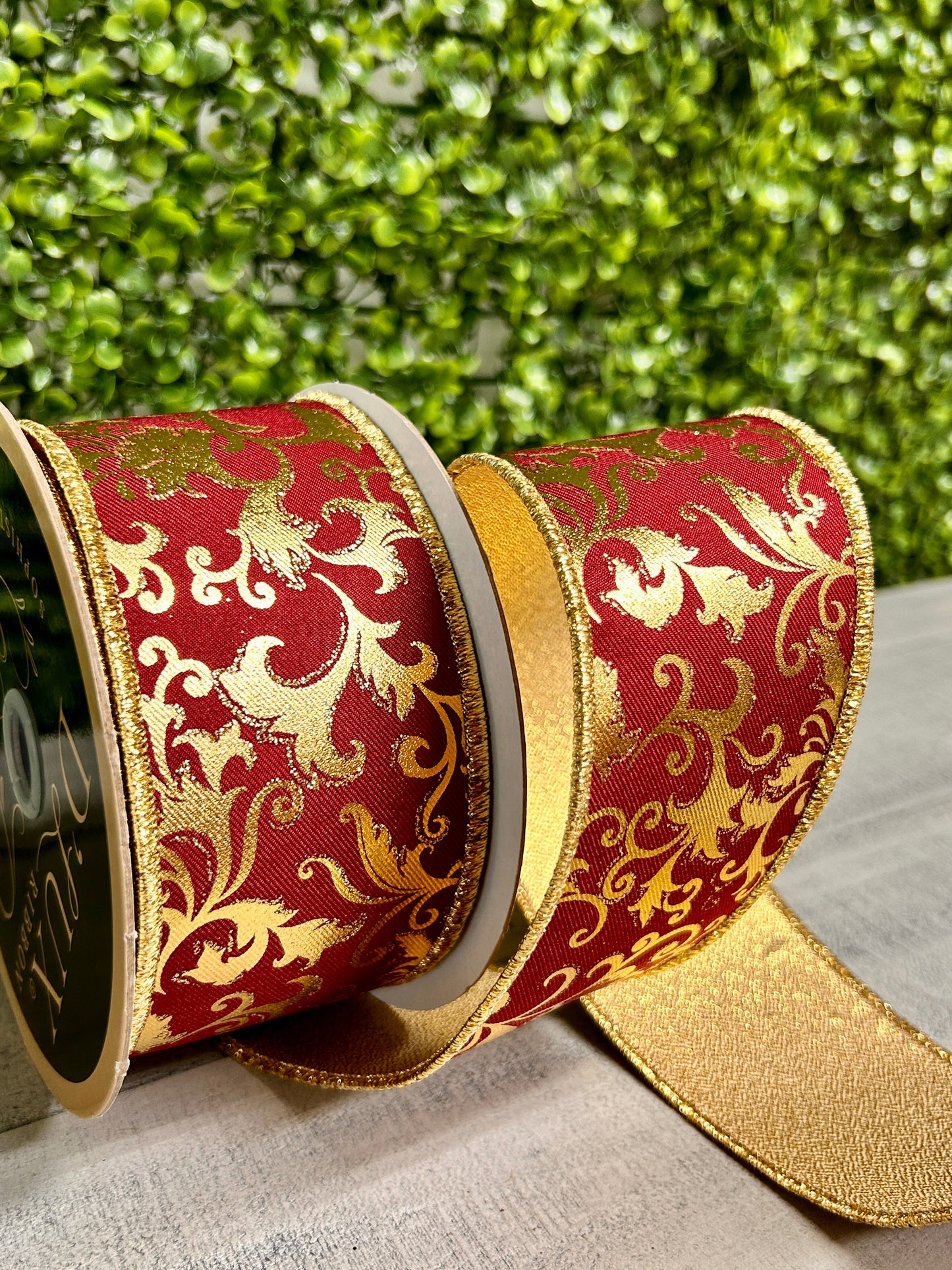 2.5 Inch By 10 Yard Wine And Gold Metallic Foil Swirl Leaf Fused Ribbon