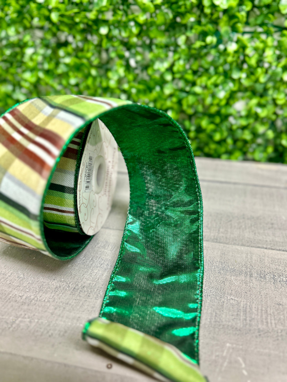 David Christopher's 2.5 Inch By 10 Yard Shades Of Green With Brown Plaid Ribbon