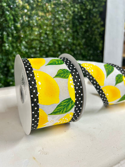 2.5 Inch By 10 Yard White Yellow And Black Lemons And Swiss Dots