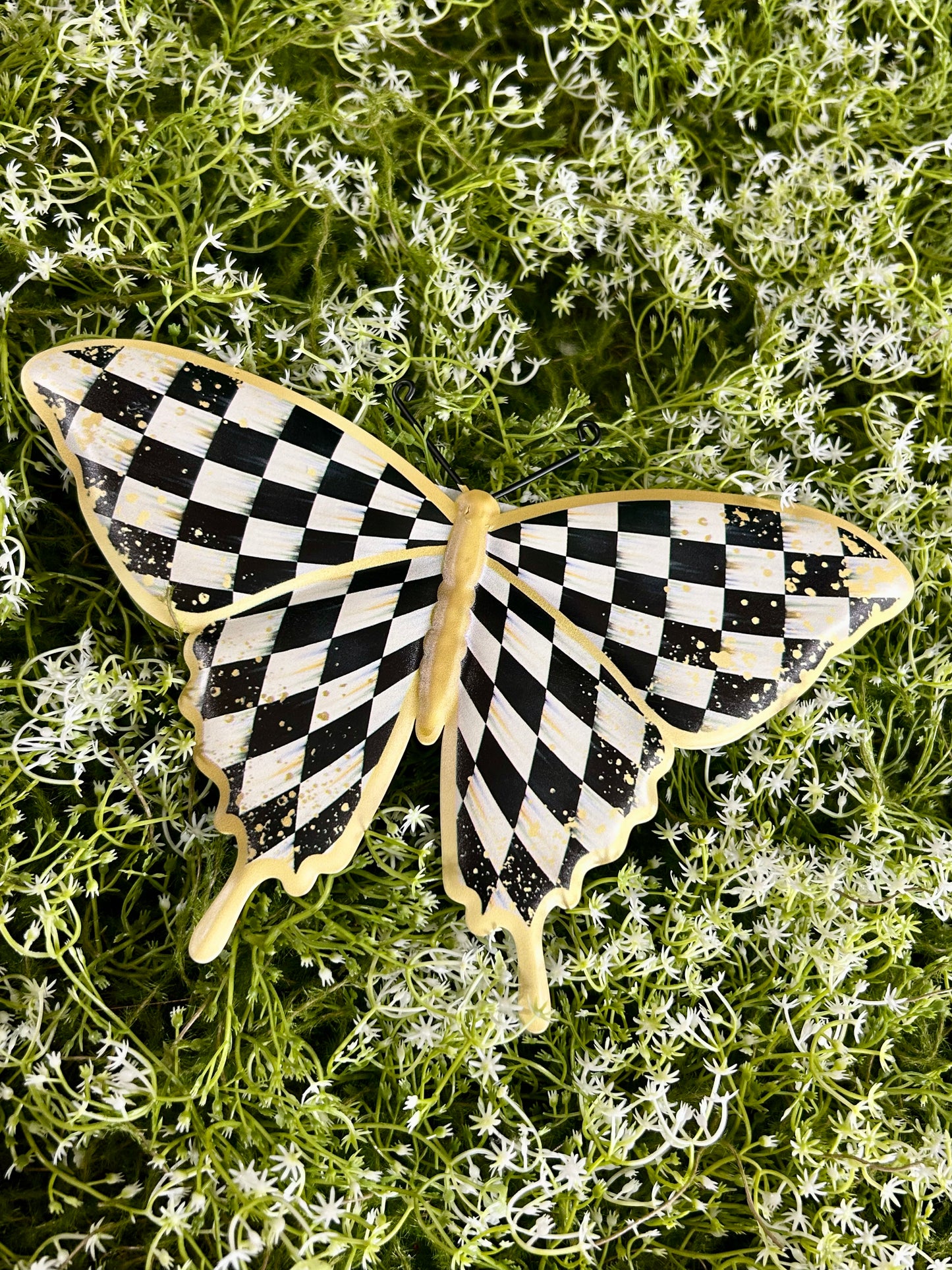 9.75 Inch Black White And Gold Antique Check Butterfly Sign