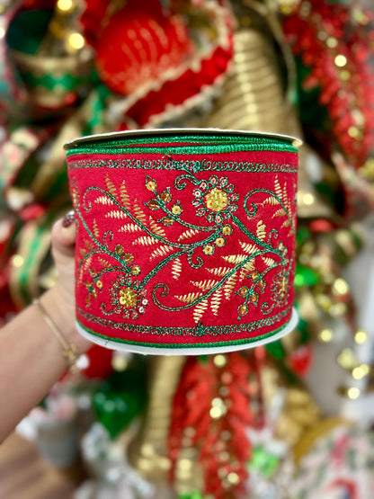 David Christopher 4 Inch By 10 Yard Green Fern Embroidery With Gold Sequins On Red Velvet With Green Back Ribbon