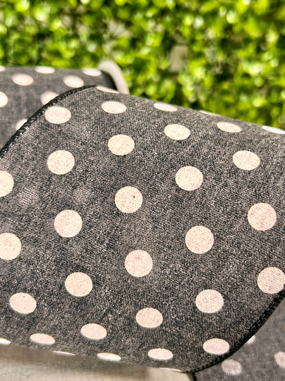 4 Inch By 10 Yard Black And White Polka Dot Linen Ribbon