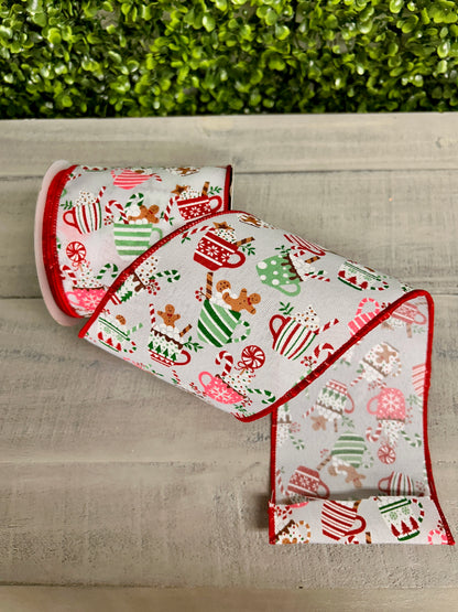 4 Inch By 10 Yard Christmas Hot Cocoa Mugs Ribbon