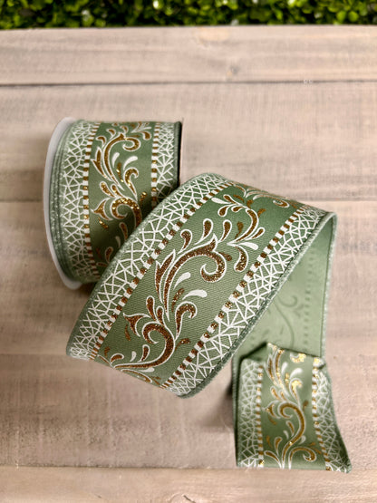 2.5 Inch By 10 Yard Sage Green White And Gold Swirls Ribbon