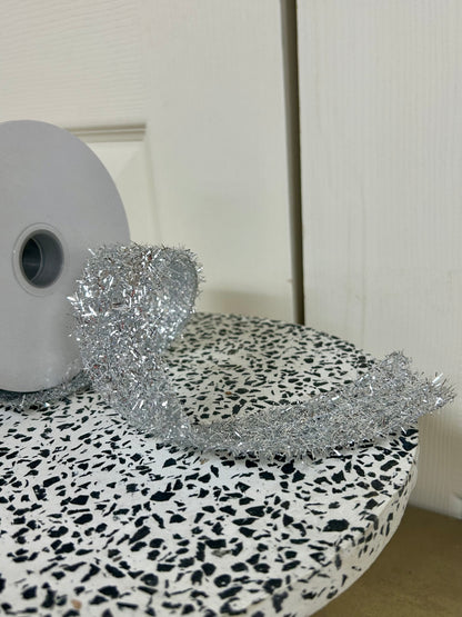 1.5 Inch By 10 Yard Silver Long Confetti Metallic Wired Ribbon