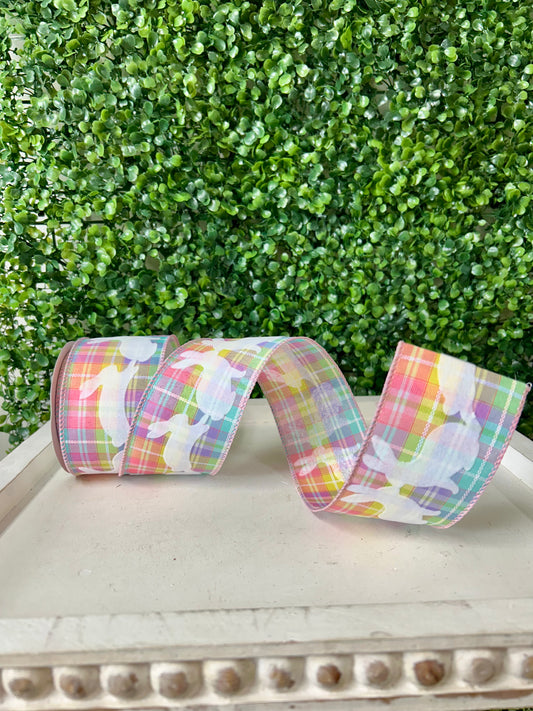 2.5 Inch By 10 Yard Pastel Kennedy Plaid With Flocked White Bunnies Ribbon