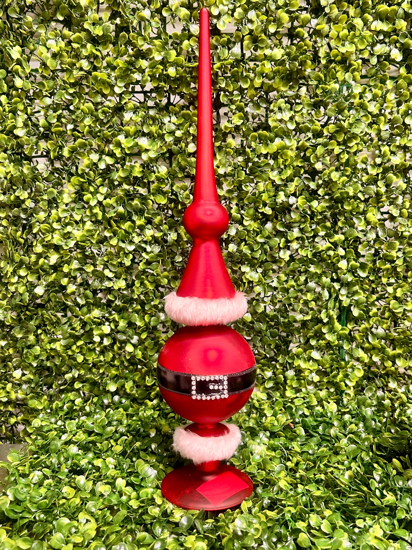 Set Of Three Red Glass Santa Belt Tabletop Finials With Fur