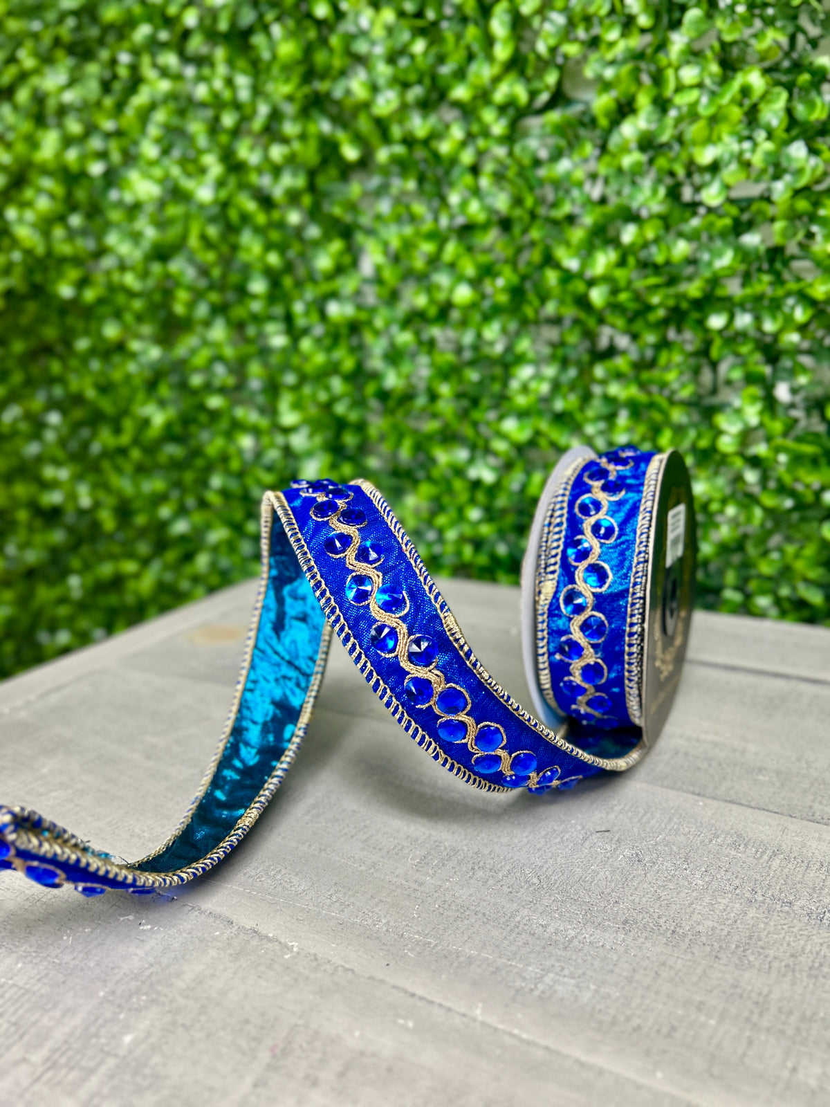 John Mark 1 Inch By 5 Yard Blue Jeweled Trim Metallic Dupioni Blue Ribbon