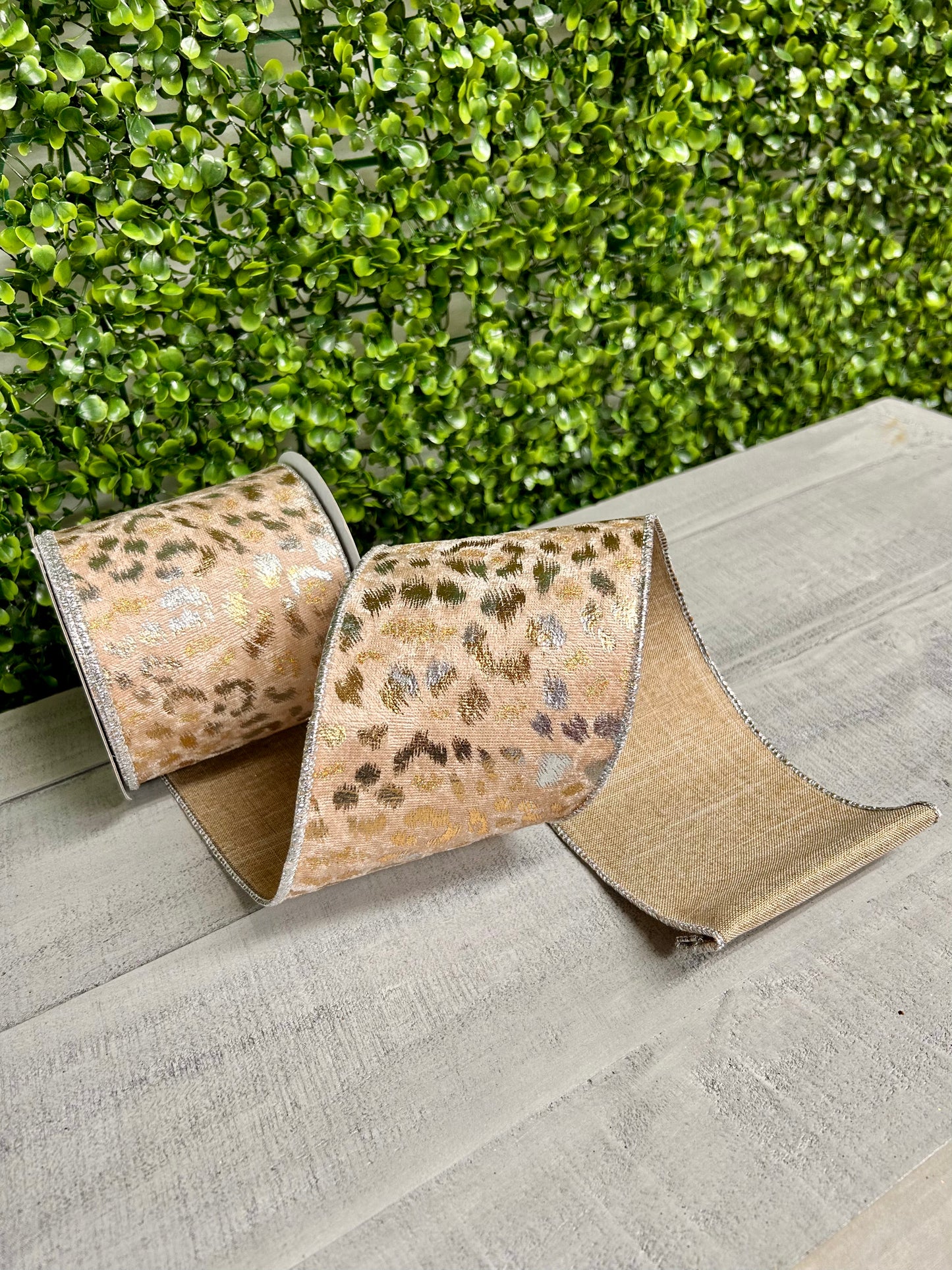 4 Inch By 10 Yard Light Brown Silver And Gold Velvet Metallic Animal Spots Ribbon