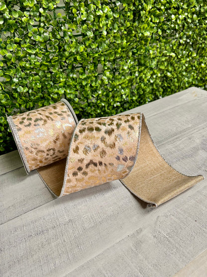 4 Inch By 10 Yard Light Brown Silver And Gold Velvet Metallic Animal Spots Ribbon