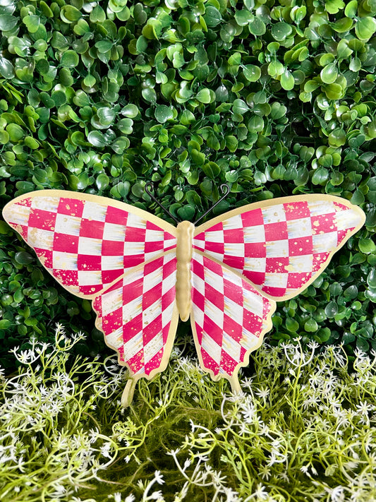 9.75 Inch Hot Pink White And Gold Antique Check Butterfly Sign