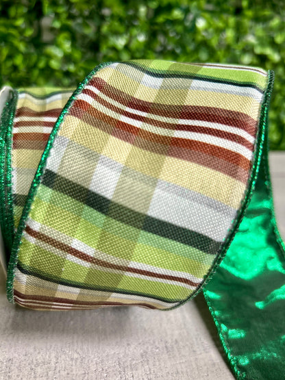 David Christopher's 2.5 Inch By 10 Yard Shades Of Green With Brown Plaid Ribbon