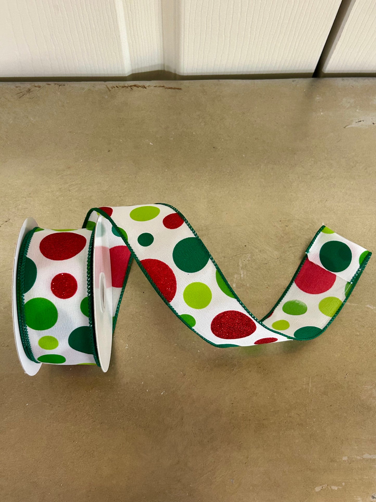 1.5 Inch By 10 Yard Lime Emerald And Red Glitter Dots Ribbon