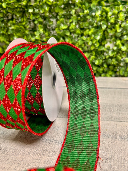 1.5 Inch By 10 Yard Emerald Green And Red Glitter Harlequin Ribbon