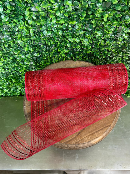 10.25 Inch By 10 Yard Red Tinsel And Foil Wide Border Mesh