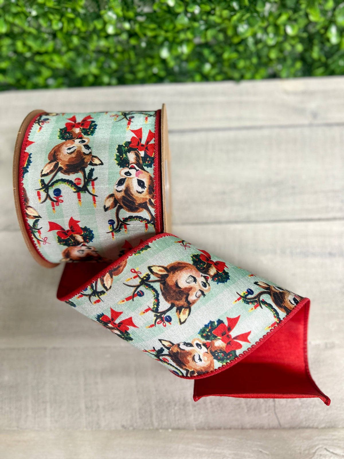 4 Inch By 10 Yard Retro Deer With Wreath With Red Backing Ribbon