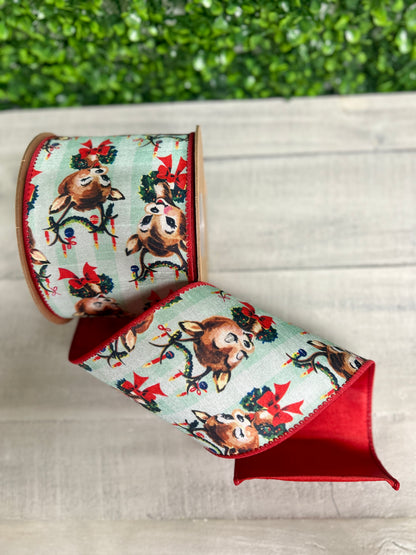 4 Inch By 10 Yard Retro Deer With Wreath With Red Backing Ribbon