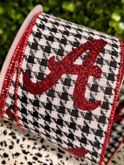 2.5 Inch By 10 Yard Red Glitter A On Houndstooth Ribbon