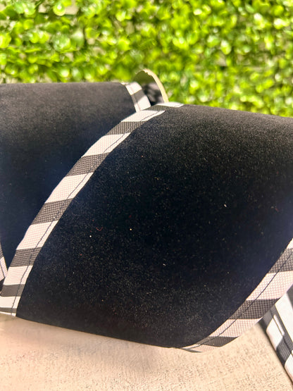 4 Inch By 5 Yard Black Velvet With White Black Cabana Stripe Ribbon