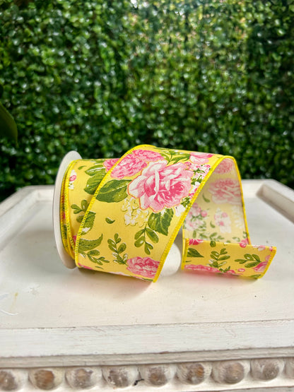 2.5 Inch By 10 Yard Pink Green And Yellow Floral Ribbon