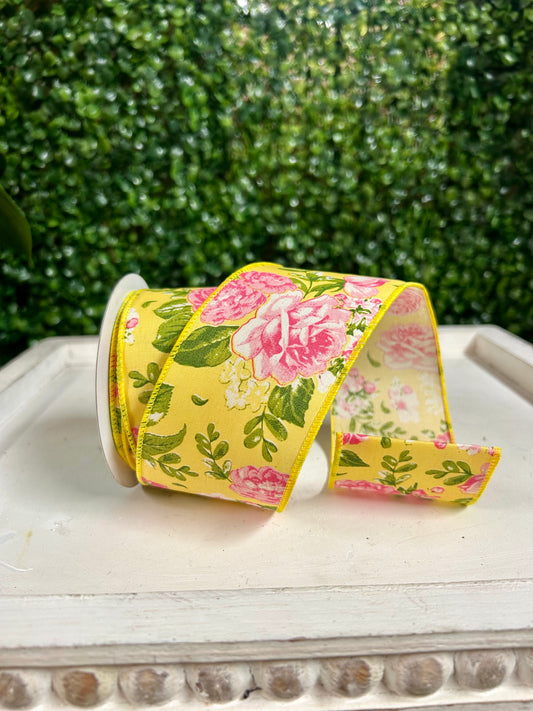 2.5 Inch By 10 Yard Pink Green And Yellow Floral Ribbon