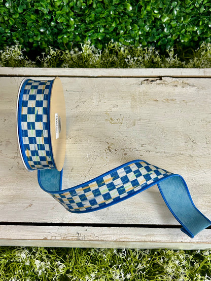 1.5 Inch By 10 Yard Beige And Blue Mini Antique Checkerboard Fused Ribbon