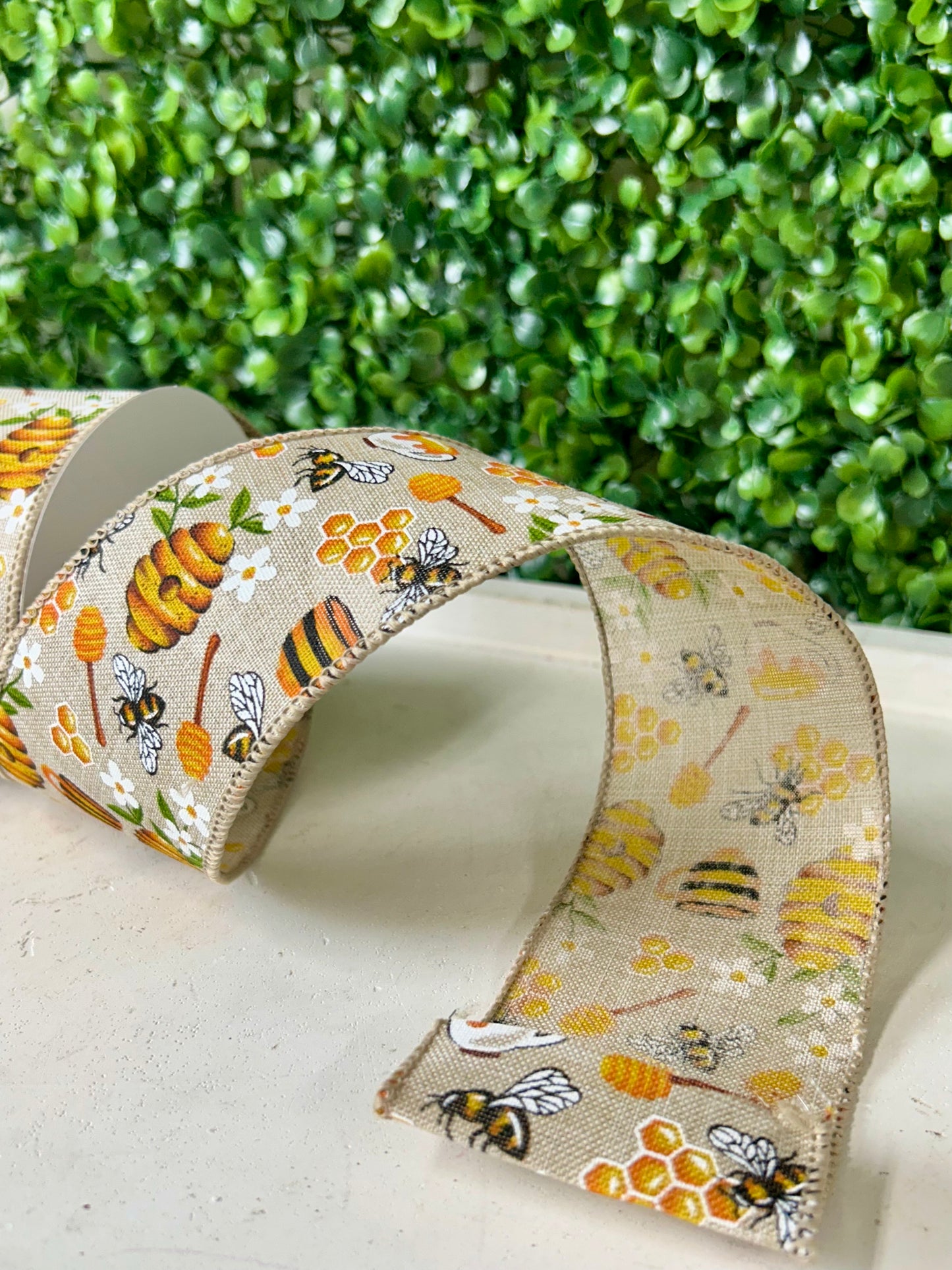 2.5 Inch By 10 Yard Working Bees With Flowers On Natural Background Ribbon