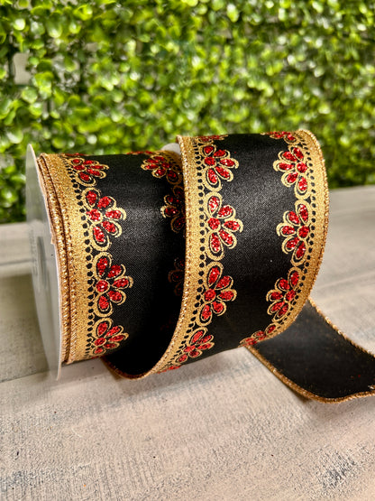 2.5 Inch By 10 Yard Black Gold And Red Lux Scallop Trim Ribbon